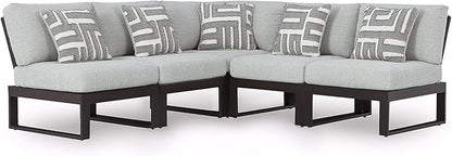 Signature Design by Ashley Beachloft Symmetrical Casual 5-Piece Outdoor Sectional with Cushion and 5 Throw Pillows, Light Gray