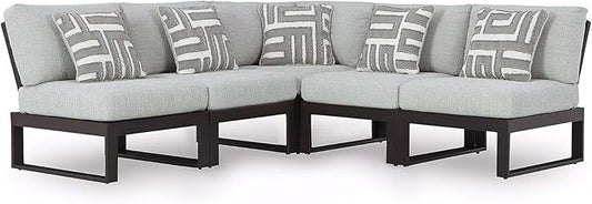 Signature Design by Ashley Beachloft Symmetrical Casual 5-Piece Outdoor Sectional with Cushion and 5 Throw Pillows, Light Gray