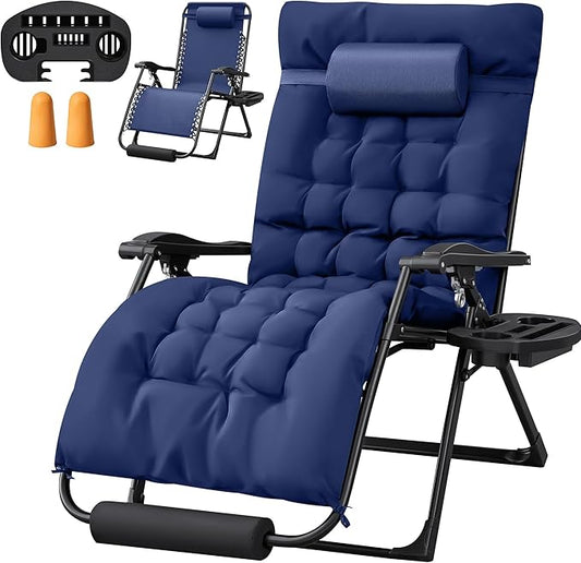Homall Oversized Zero Gravity Chair, 32In Recliner Lounge Chair with Removable Soft Cushion and Cup Holder, Adjustable Anti Gravity Chair Folding Patio Chairs Padded for Indoor and Outdoor, Blue