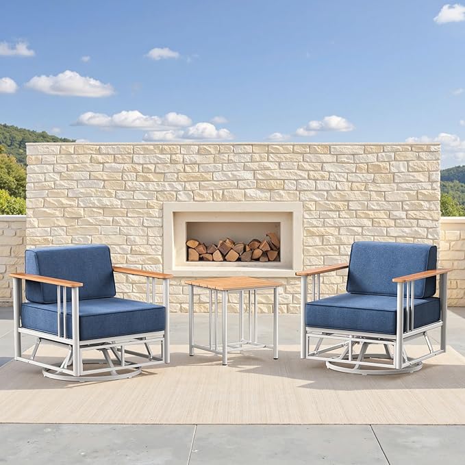Patio Furniture Set of 3,with 6-inch Thick Cushion Outdoor Furniture Set, Swivel Rocking Chairs Set,Wood Grain armrests,trapezoidal backrest,Indoor/Outdoor Balcony Seating,White | Blue