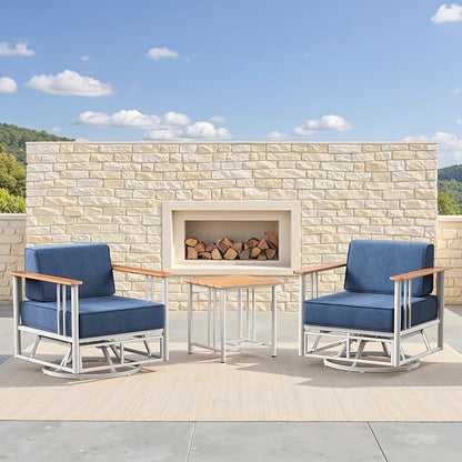 Patio Furniture Set of 3,with 6-inch Thick Cushion Outdoor Furniture Set, Swivel Rocking Chairs Set,Wood Grain armrests,trapezoidal backrest,Indoor/Outdoor Balcony Seating,White | Blue