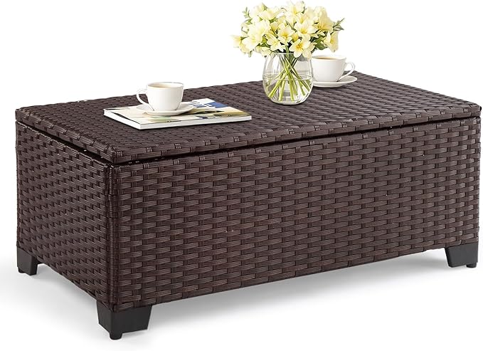 VINGLI Outdoor Coffee Table with Storage, All-Weather Dark Brown Wicker Patio Table for Garden, Balcony, Backyard - Photo 1