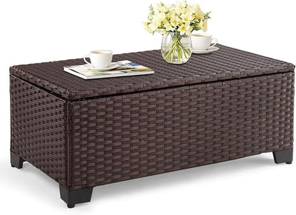 VINGLI Outdoor Coffee Table with Storage, All-Weather Dark Brown Wicker Patio Table for Garden, Balcony, Backyard