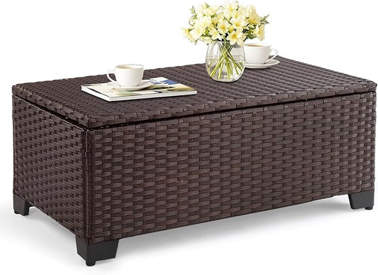 VINGLI Outdoor Coffee Table with Storage, All-Weather Dark Brown Wicker Patio Table for Garden, Balcony, Backyard