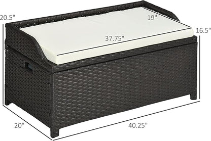 Outsunny 38 Gallon Outdoor Wicker Storage Bench Deck Box, PE Rattan Patio Furniture Pool Storage Bin Container with Interior Waterproof Cloth Bag and Comfortable Cushion, White