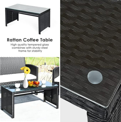 4PCS Patio Rattan Furniture Conversation Set Cushioned Sofa Table Garden Single Sofa