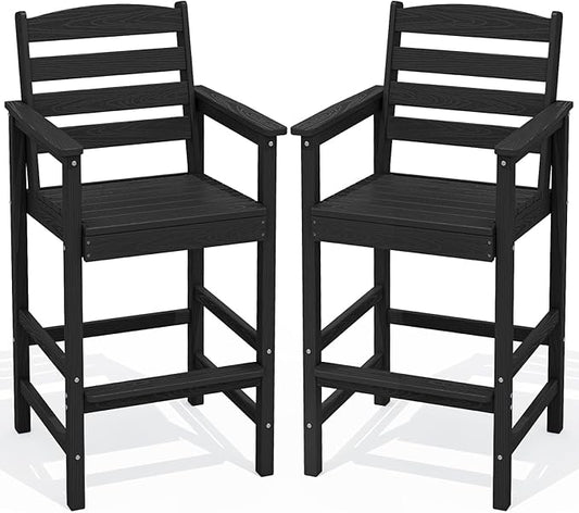 SERWALL Tall Adirondack Chairs Set of 2, Oversize Balcony Adirondack Chairs Set, Outdoor Bar Height Barstools Widened Chair Set for Bistro, Poolside, Garden, Black