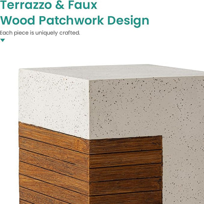 SUNBURY Outdoor Concrete Side Table, 15" W Modern Outdside End Table for Patio,Multicolored Stone Patchwork Indoor Accent Table, Square Cement Side Table Garden Stool in Woodgrain for Lawn, Backyard