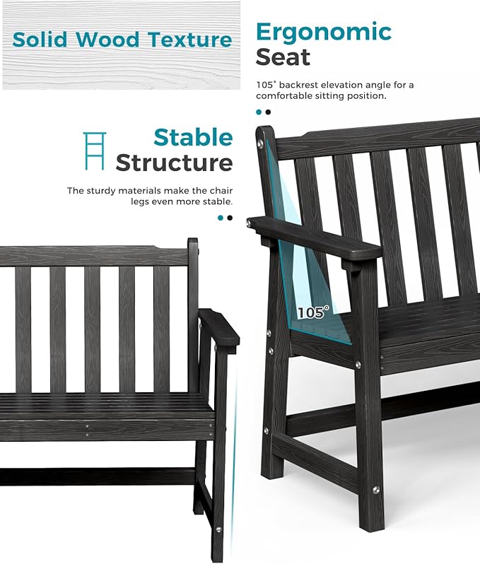 Outdoor Bench, 2-Person HDPE Garden Bench, All Weather Poly Patio Bench for Outdoors, Garden, Backyard, Porch and Park, 550 lbs Weight Capacity, Black