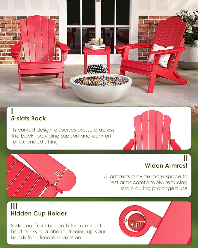 GREENVINES Oversized-Folding-Adirondack-Chairs-Set-of-6 | HDPE Plastic | Cup Holder | Fire Pit Chair | All Weather | for Outdoor Deck Backyard | Red