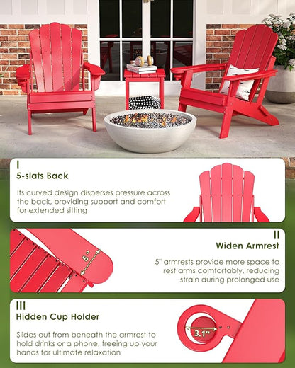 GREENVINES Oversized-Folding-Adirondack-Chairs-Set-of-4 | HDPE Plastic | Cup Holder | Fire Pit Chair | All Weather | for Outdoor Deck Backyard | Red