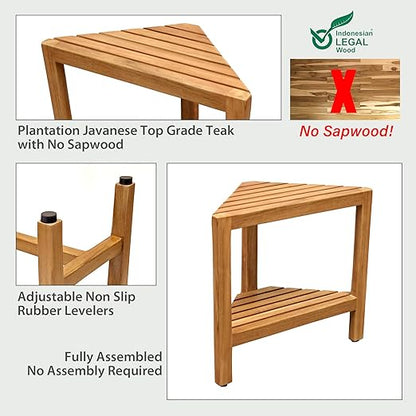Asta Aris Solid Teak Indoor Outdoor Shower/Bath/Spa Corner Stool with Shelf, Fully Assembled, TB-011A