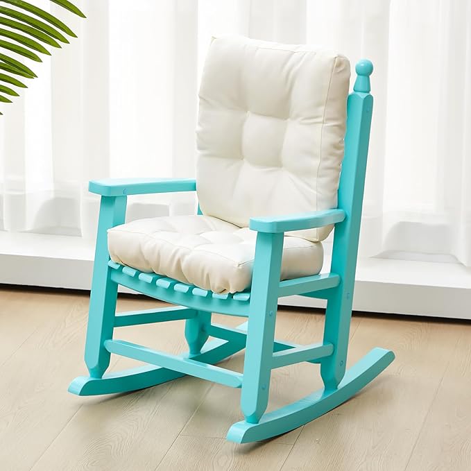 Kids Rocking Chair Cushion Pad Set Toddler Rocking Chair Indoor Outdoor Wooden Rocker Child Patio Rocker for Porch Balcony Lawn Indoor Outdoor(Blue,Ages 2-5)
