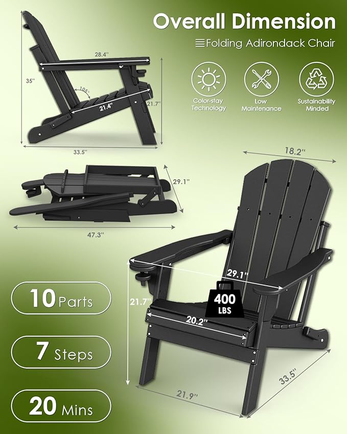 GREENVINES Folding-Adirondack-Chairs-Set-of-6 | HDPE Plastic | Fire Pit Chair | All Weather | Cup Holder | Black | for Deck Backyard Patio Outdoor Garden