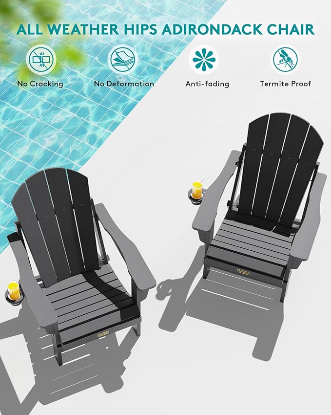 SERWALL Folding Adirondack Chair with Cup Holder Set of 6, Weather Resistant HIPS Lawn Chairs, Wooden Textured - Photo 7