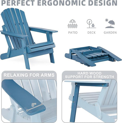 Oversized Wooden Folding Adirondack Chair with Ottoman, Pre-Assembled Backrest and Seat Board, Lounge Chair for Outdoor Patio Garden Lawn Backyard Firepit Deck Pool Beach