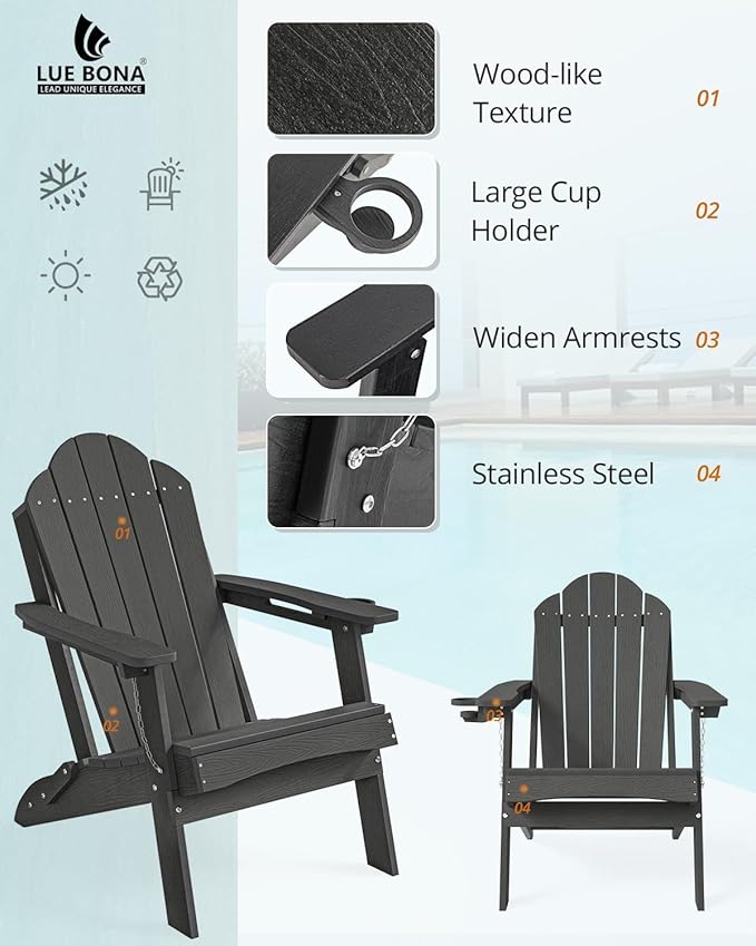 LUE BONA HDPE Folding Adirondack Chairs Set of 4 - Weather Resistant Seating with Cup Holder for Patio, Fire Pit - Photo 5