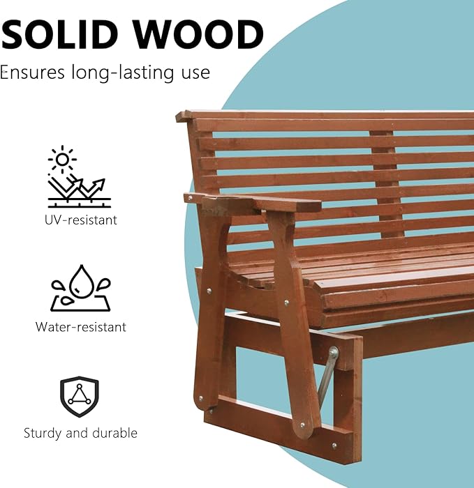 3-Seater Outdoor Glider Chair, 5FT Wood Porch Glider with High Roll Back, Cupholders and Deep Contoured for Porch - Photo 5