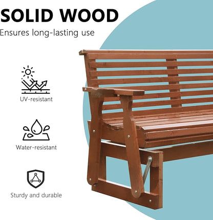 3-Seater Outdoor Glider Chair, 5FT Wood Porch Glider with High Roll Back, Cupholders and Deep Contoured for Porch, Garden, Cedar Brown