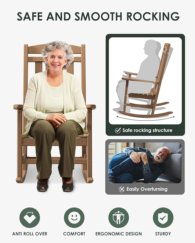 Outdoor Rocking Chair, All-Weather Resistant Poly Lumber Rocker Chair Outdoor, High Back Plastic Patio Rocking Chairs for Outside Porch Rocker Garden Lawn, Weather Wood