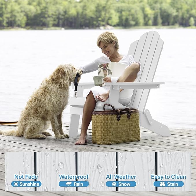 MXIMU Folding Adirondack Chair for Outdoor: Easy Assembly Adirondack Chairs Set of 2 - Composite Plastic Fire Pit Chairs - All Weather Plastic Chair for Outside Patio Lawn Garden Backyard Use