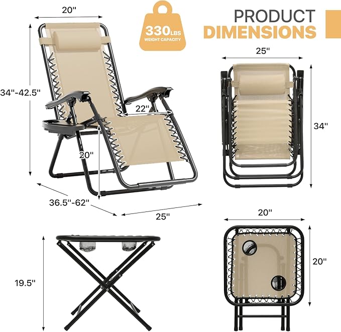 Magshion Folding Zero Gravity Chairs Set of 2, Outdoor Reclining Camping Chairs, Patio Lounge Recliners with Side Table & Cup Holder Tray, Cream