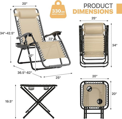 Magshion Folding Zero Gravity Chairs Set of 2, Outdoor Reclining Camping Chairs, Patio Lounge Recliners with Side Table & Cup Holder Tray, Cream