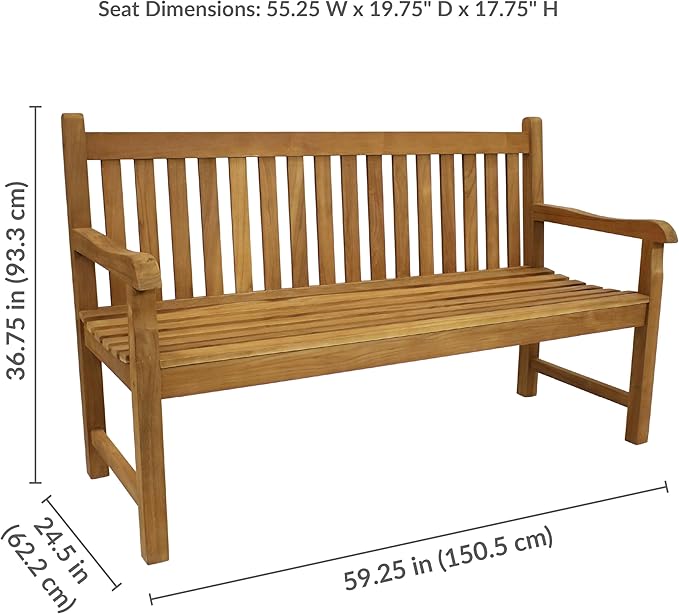 Sunnydaze 2-Person Outdoor Bench for Front Porch or Park - Wooden Teak Patio Garden Bench with Backrest - 675 lb Weight - Photo 3