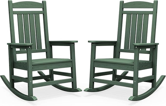 SERWALL HDPE Outdoor Rocking Chair Set of 2, Oversized Patio Rocking Chairs, All-Weather Porch Rockers for Adults, Green