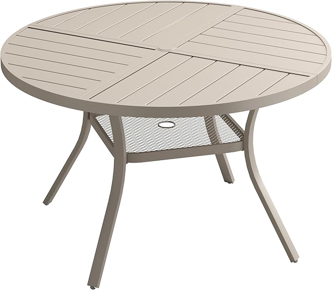 VICLLAX 40.6" Round Patio Dining Table for 4, All Weather Metal Outdoor Table with 1.57" Umbrella Hole and Storage Shelf for Garden Lawn Deck, Sandshell