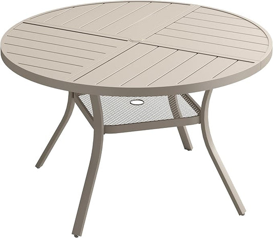 VICLLAX 40.6" Round Patio Dining Table for 4, All Weather Metal Outdoor Table with 1.57" Umbrella Hole and Storage Shelf for Garden Lawn Deck, Sandshell