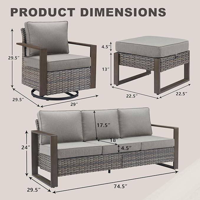 Rilyson Outdoor Wicker Patio Furniture Set - 7 Piece Patio Conversation Set with 4 Wicker Swivel Rocker Chairs,2 Rattan Ottoman and 1 Couch,Thick Cushions,Deep Seating,Wide Armrest(Mixed Grey/Grey)