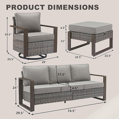Rilyson Outdoor Wicker Patio Furniture Set - 7 Piece Patio Conversation Set with 4 Wicker Swivel Rocker Chairs,2 Rattan Ottoman and 1 Couch,Thick Cushions,Deep Seating,Wide Armrest(Mixed Grey/Grey)