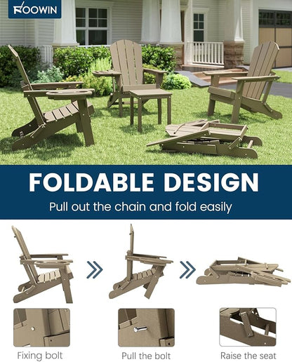 FOOWIN Folding Adirondack Chair, HDPE Adirondack Chairs with Cup Holder, Weather Resistant Plastic Fire Pit Chairs for Outdoor, Patio, Lawn, Garden, Backyard, Deck, Brown