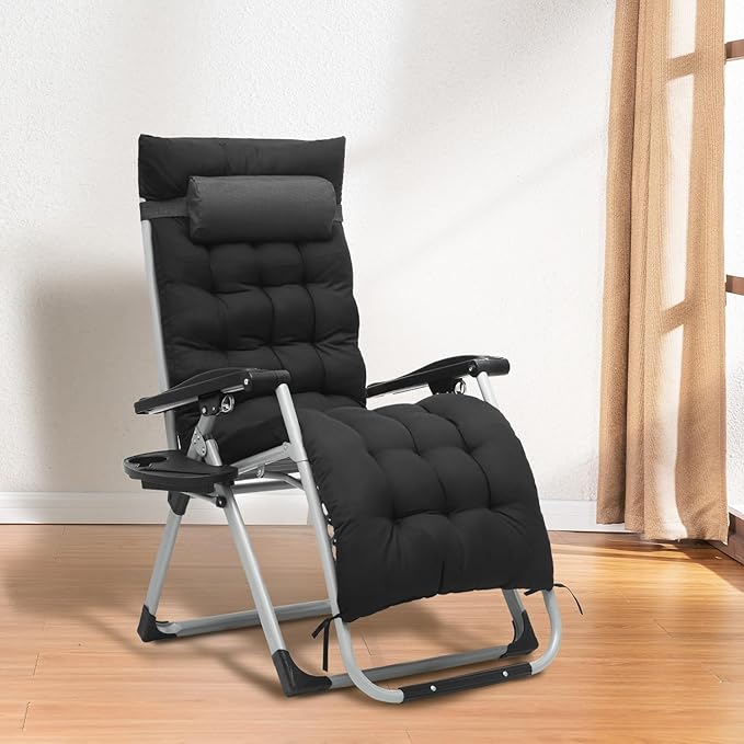 Athena Collection 3 in 1 Patio Lounge Chair Foldable Camping Chair with Headrest Chaise Lounge Nap Chair with Removable Thick Cushion Reclining Beach Sleeping Chair for Indoor and Outdoor, Grey