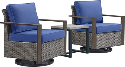 Outdoor Patio Swivel Rocker Chairs - 3 Piece Wicker Patio Furniture Bistro Set with 2 Swivel Rocking Chairs and 1 Metal Side Table,Thick Cushions,Deep Seating for Deck Porch Garden(Mixed Grey/Blue)