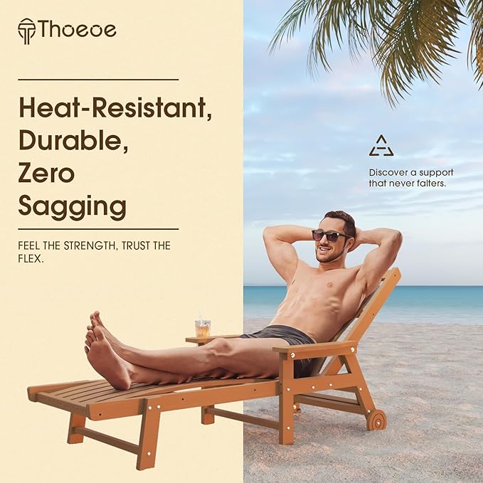 THOEOE Patio Chaise Lounge Chair, Oversized Lounge Chair Outdoor with 5 Positions, HDPE, Patio Lounge Chair with Wheels & Cup Holder for Pool, Deck, Poolside,Wood