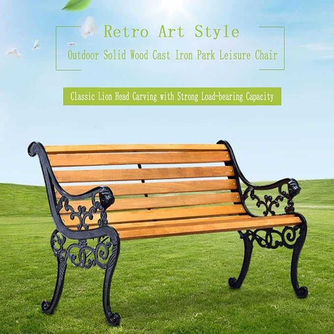 Outdoor Park Garden Bench with Cover, 2-3 Person Wood Patio Bench with Backrest+Armrests Weatherproof, Patio Porch Furniture Cast Iron Frame Bench for Lawn Porch Backyard(Brown+Black)