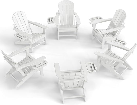 Adirondack Chair Set of 6, HDPE Folding Adirondack Chair with Multifunctional Cup Holder, Weather Resistant Fire Pit Chair for porches, patios, poolsides, Decks.
