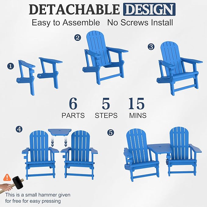 Vongrasig Adirondack Chairs Set of 2 with Removable Tabletop, All-Weather HDPE Outdoor Chair Set with Wooden Textured, Cup Holder for Patio, Poolside, Deck, Garden, Light Blue