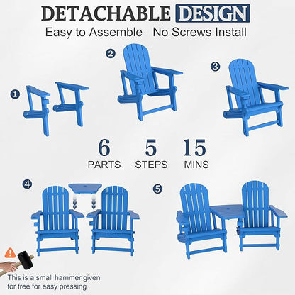 Vongrasig Adirondack Chairs Set of 2 with Removable Tabletop, All-Weather HDPE Outdoor Chair Set with Wooden Textured, Cup Holder for Patio, Poolside, Deck, Garden, Light Blue