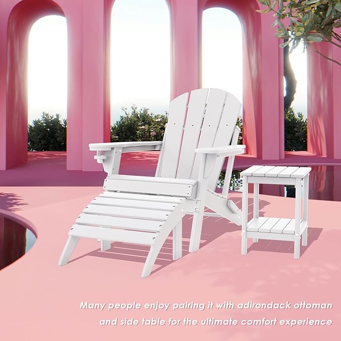 IVY&LANE Folding-Adirondack-Chairs-Set-of-2 | HDPE Plastic | Outdoor Fire Pit Chair with Cup Holder | White | Poly | Weather Resistant | for Patio Deck Poolside Garden Beach
