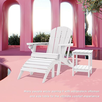 IVY&LANE Folding-Adirondack-Chairs-Set-of-2 | HDPE Plastic | Outdoor Fire Pit Chair with Cup Holder | White | Poly | Weather Resistant | for Patio Deck Poolside Garden Beach