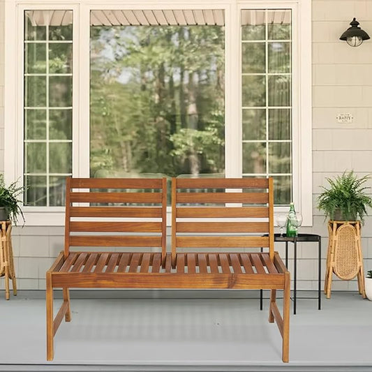 Outdoor Wooden Garden Bench, Patio Furniture Acacia Wood Outdoor Loveseat with Adjustable Backrest, Weather Proof 2-Person Outdoor Chair for Park, Porch, Pool, Backyard
