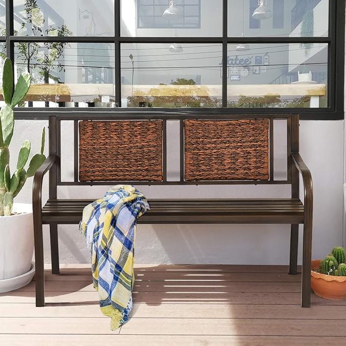 S AFSTAR Outdoor Garden Bench, Brown, Iron, Metal, Polyethylene, Rattan, 50.5 in Width, 2 Adults - Photo 2