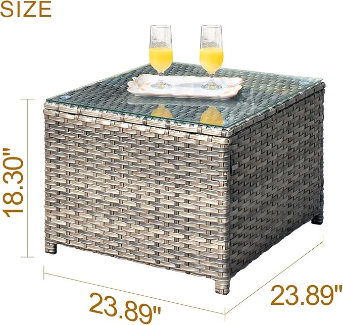 ovios Outdoor Patio Coffee Table with Tempered Glass Top Wicker Side Tables for Garden Porch Yard Deck Balcony, Grey Rattan