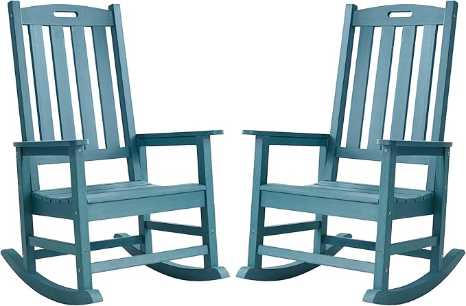 Psilvam Oversized Outdoor Rocking Chair Set of 2, Porch Rocker with 21" Wide Seat and 32" Tall Backrest, Pre-Assembled with Most Components for Effortless Installation (Blue)
