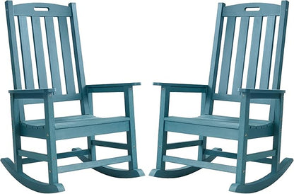 Psilvam Oversized Outdoor Rocking Chair Set of 2, Porch Rocker with 21" Wide Seat and 32" Tall Backrest, Pre-Assembled with Most Components for Effortless Installation (Blue)