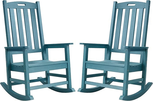 Psilvam Oversized Outdoor Rocking Chair Set of 2, Porch Rocker with 21" Wide Seat and 32" Tall Backrest, Pre-Assembled with Most Components for Effortless Installation (Blue)