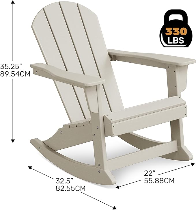 Costaelm Outdoor Adirondack Chair, All Weather Resistant Classic Balcony Chair and Fire Pit Chairs, Adirondack Plastic Outdoor Porch Furniture Rocking Chair High Back HDPE Poly Lumber, Sand
